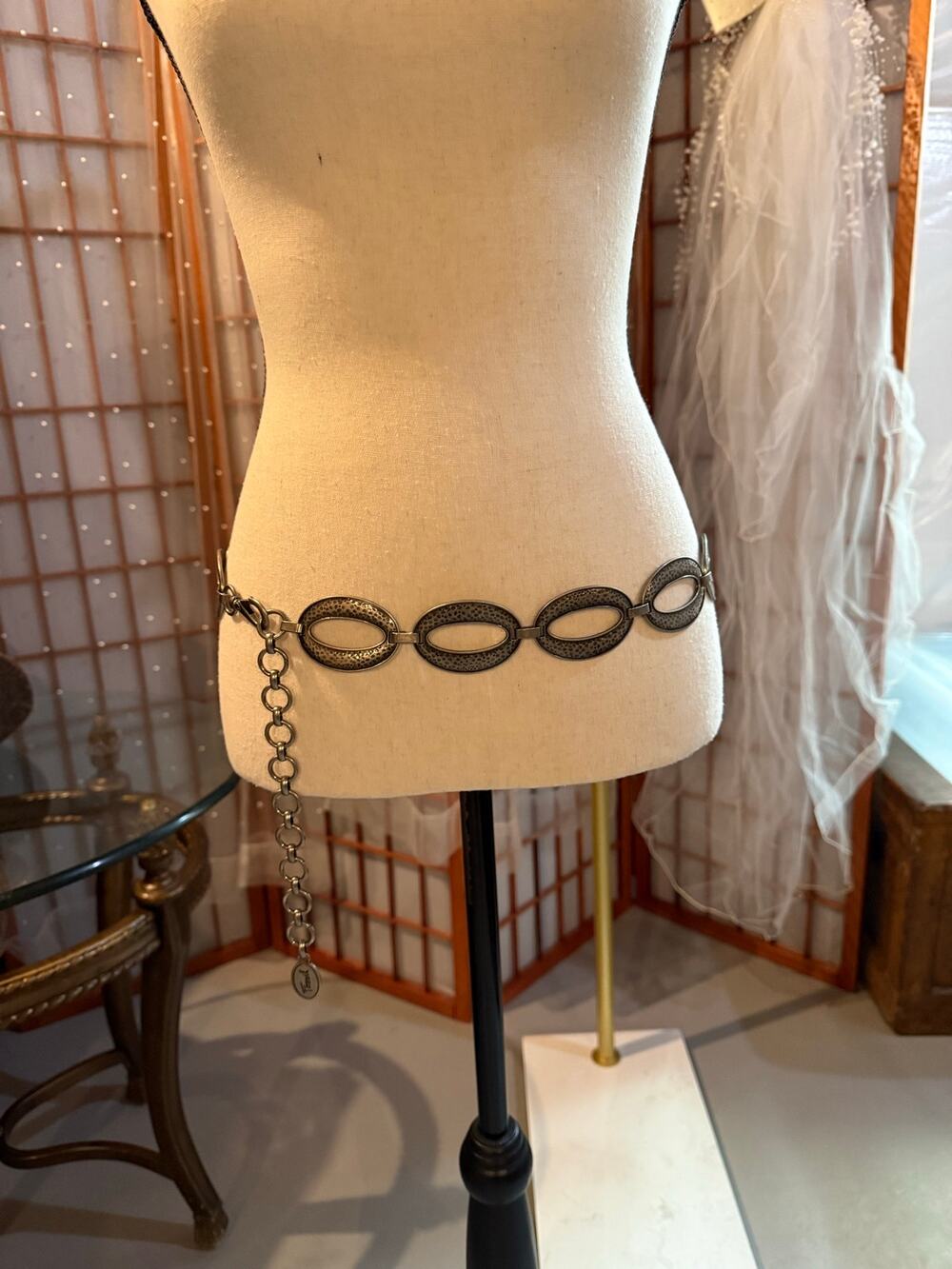 Vintage Fossil Silver Waist Chain Belt Hammered Metal Oval Link Y2K Boho